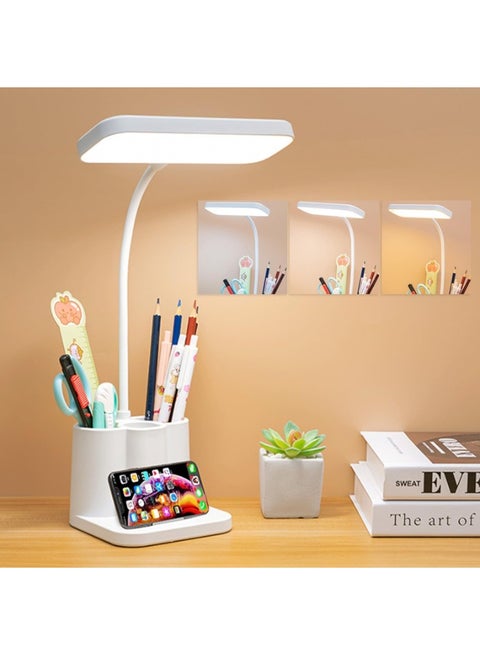 LED desk lamp with pen holder and mobile phone holder for table, computer, and desktop, with a 360° flexible neck, touch control, and 3 lighting modes without glare or flicker, suitable for bedroom, office, and study.